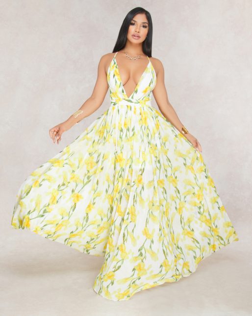 New Trendy Cute Maxi Dress - Sexy Floral Print Deep V Neck Gowns ...