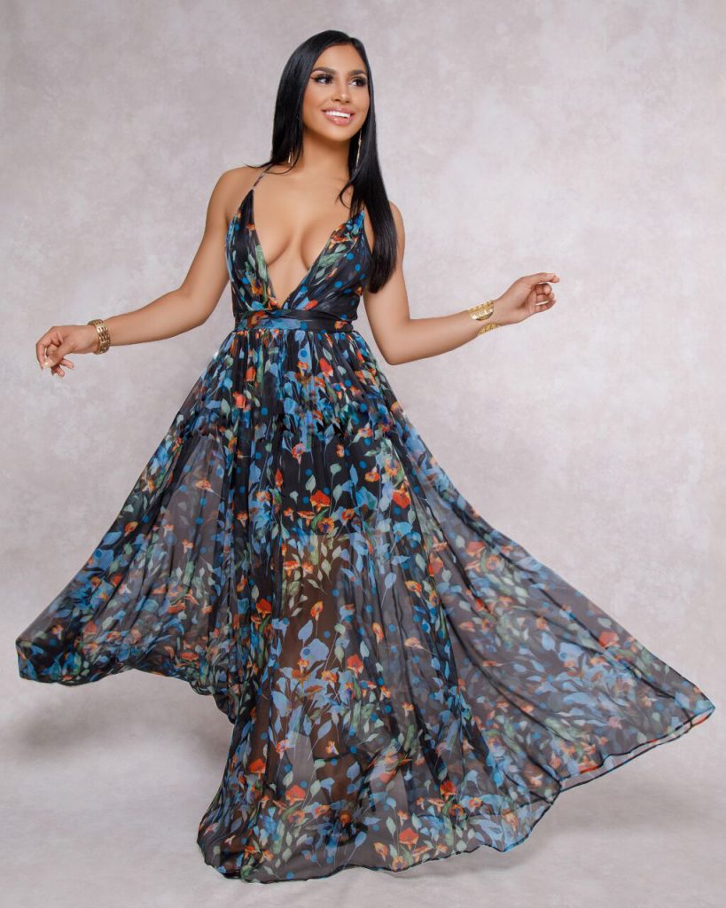 New Trendy Cute Maxi Dress Sexy Floral Print Deep V Neck Gowns Gotita Brands 