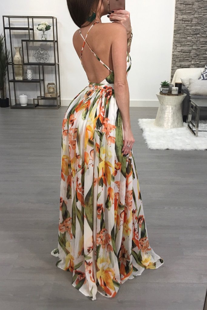 New Trendy Cute Maxi Dress Sexy Floral Print Deep V Neck Gowns Gotita Brands