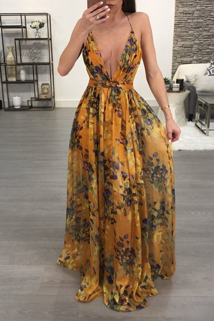 New Trendy Cute Maxi Dress Sexy Floral Print Deep V Neck Gowns Gotita Brands 