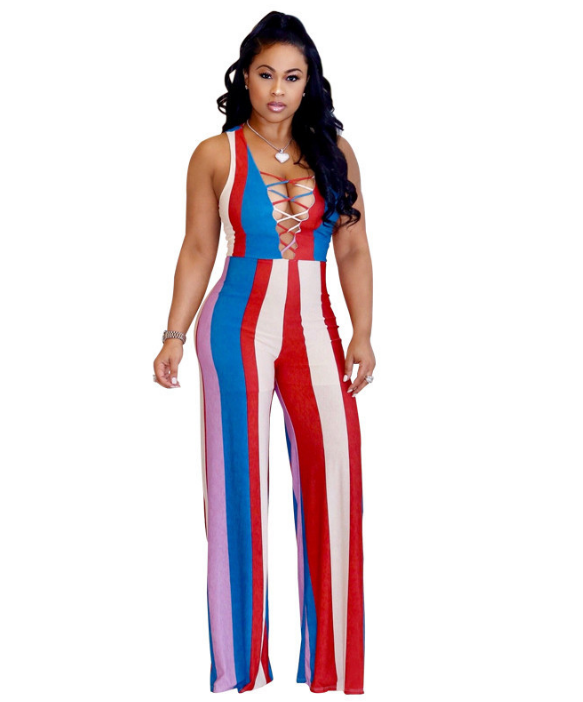 Puerto Rico Flag Clothing Colorful Striped Jumpsuit For Women