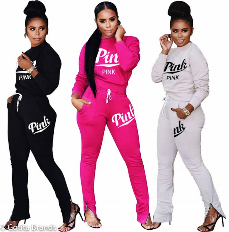 Ladies Jogging Pants Set - Printed Letter Pink Activewear - Pink ...