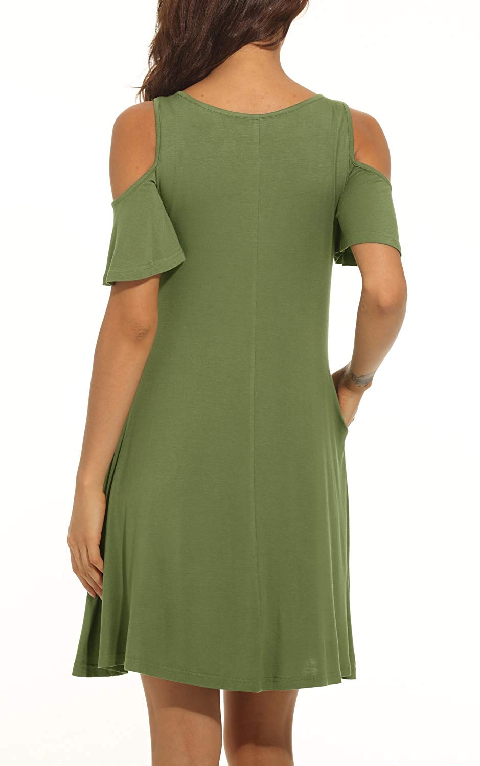 ladies army green dress - loose fit ruffle sleeve cold shoulder outfit