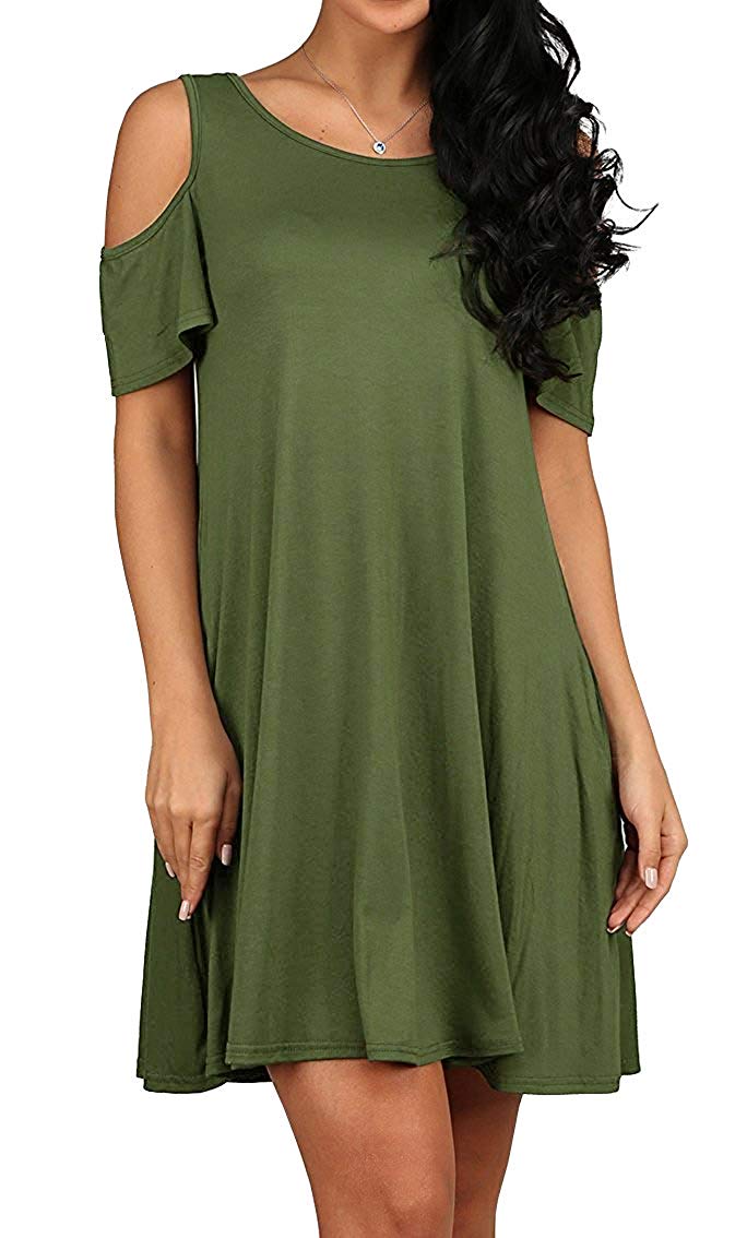 ladies army green dress - loose fit ruffle sleeve cold shoulder outfit