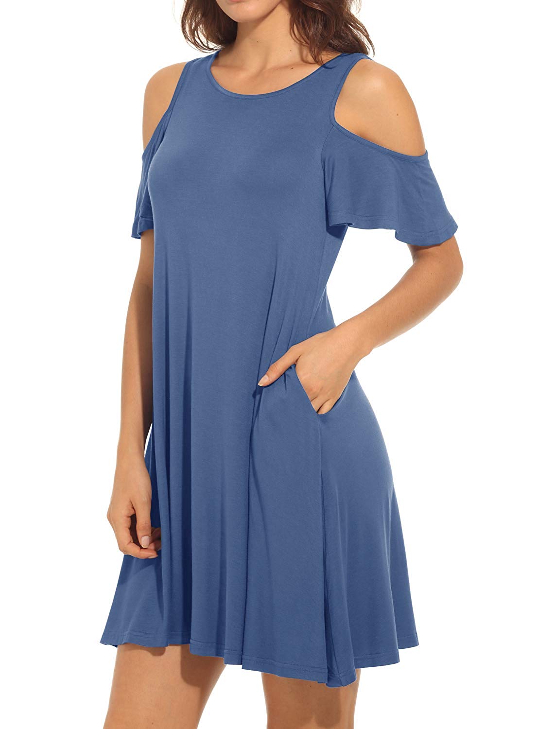 ladies elegant blue outfit - loose fit ruffle sleeve cold shoulder dress