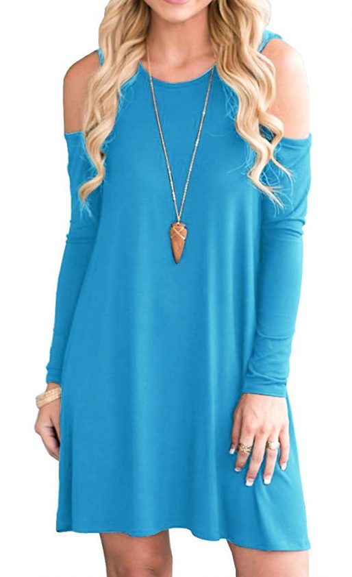 ladies fashion blue dress - long sleeves round neck fit to size