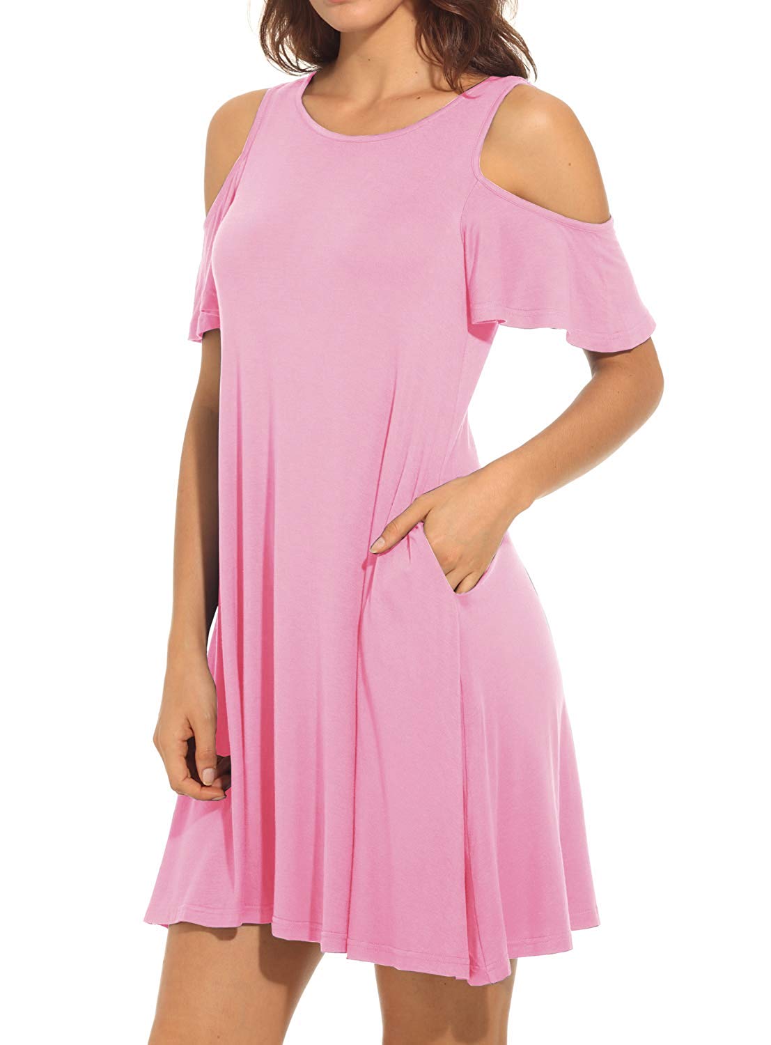 ladies fashion pink dress - loose fit ruffle sleeve cold shoulder outfit