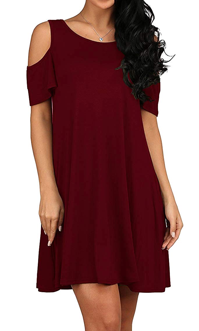 Ladies Fashion Red Dress – Loose Fit Ruffle Sleeve Cold Shoulder Outfit ...