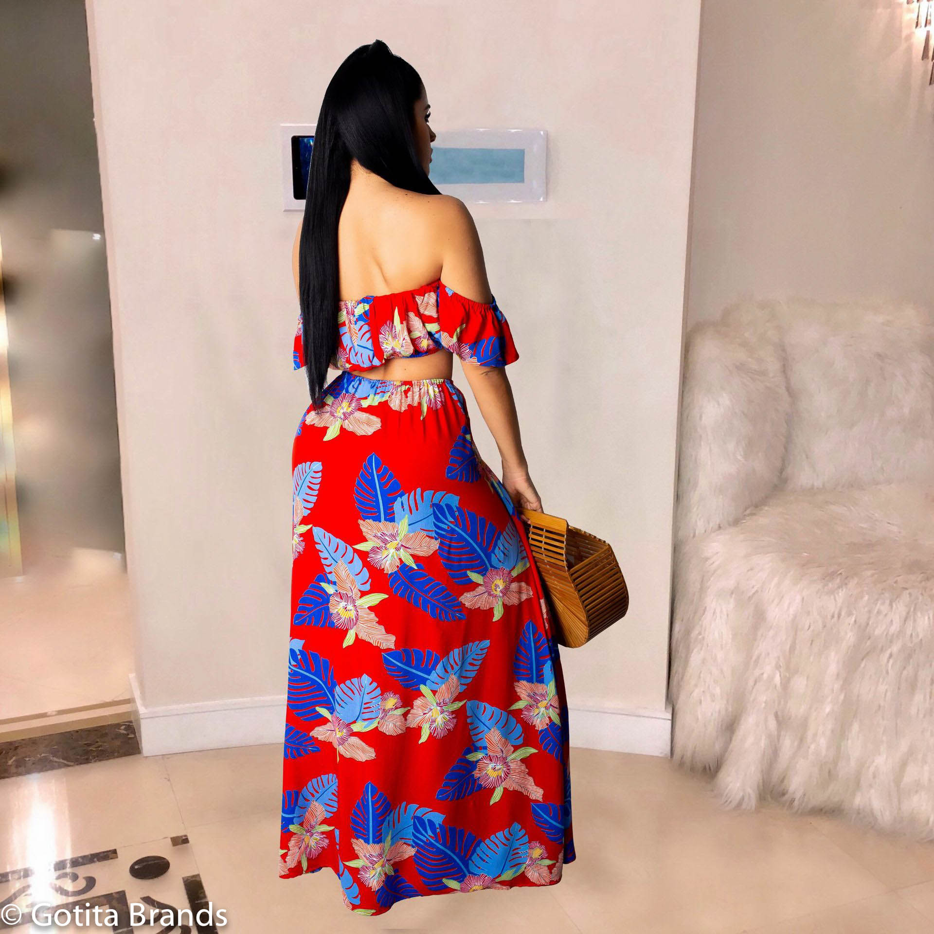 Women's Two Piece Skirt Set - Floral Print Summer Fashion - Red Dress