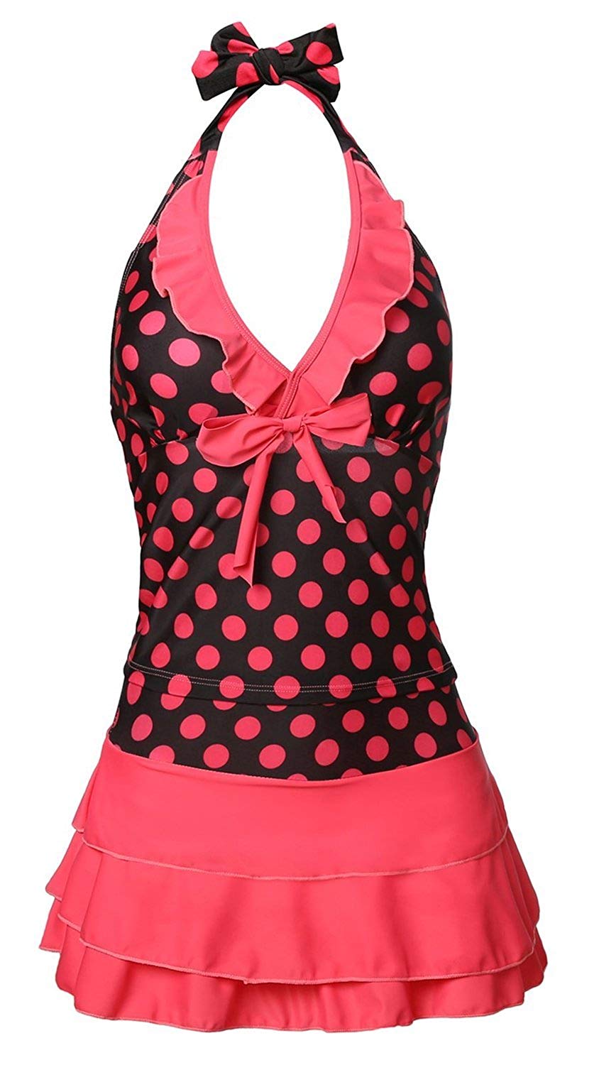 Women's Polka Dot Halter Push up Slim Tankini Padded Swimsuit