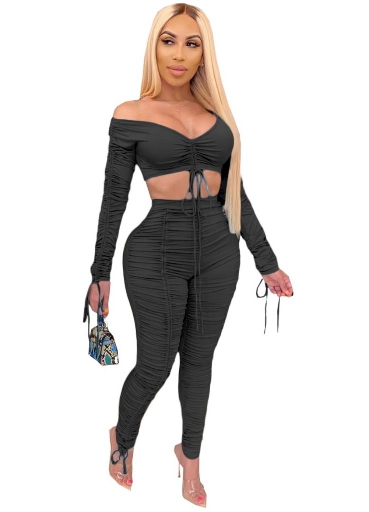 Off Shoulder Long Sleeve Top and Pants Set main image 0